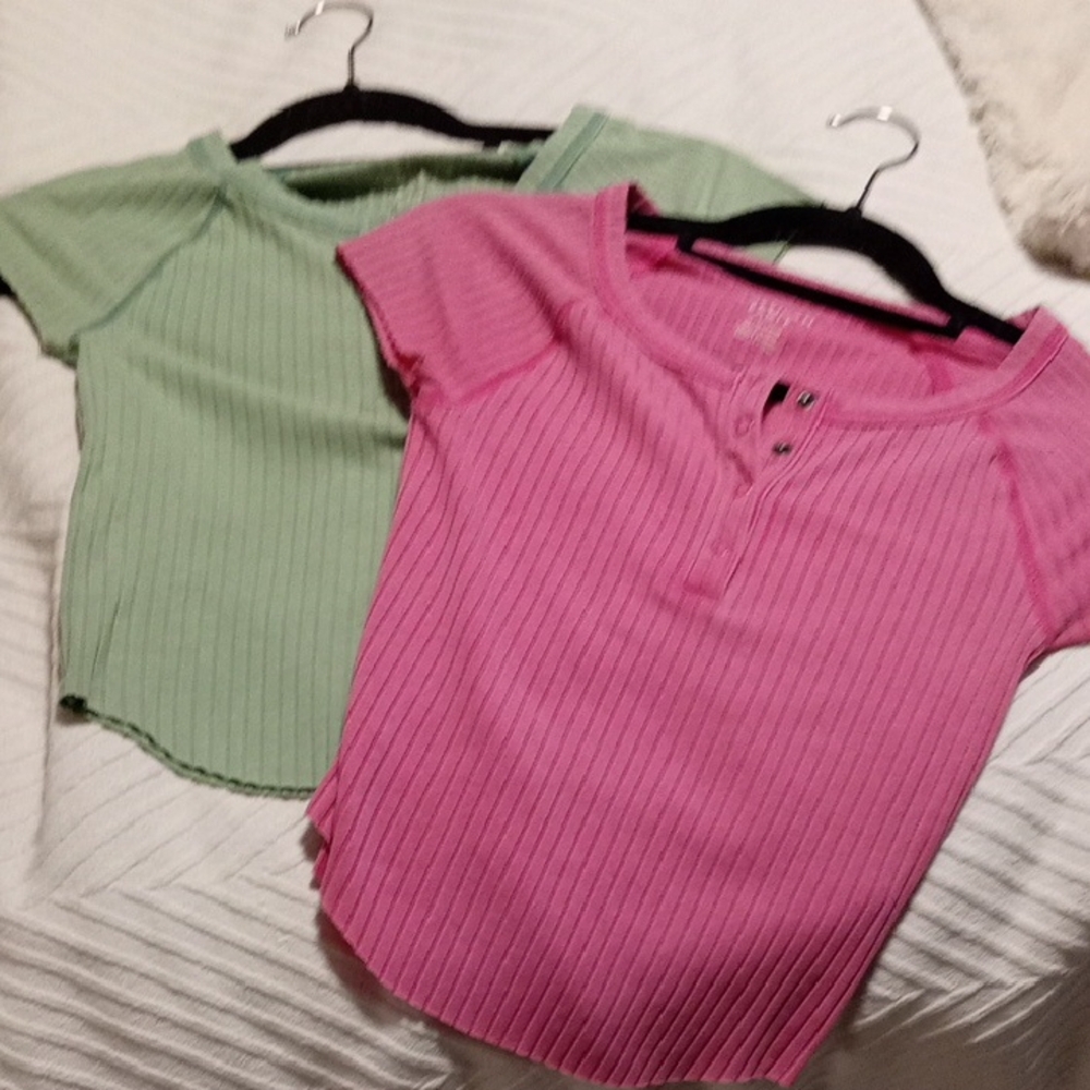 American Eagle Outfitters Pink and Green Ribbed Tees